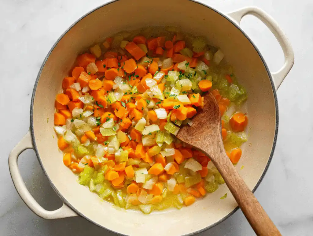 Sautéing carrots, celery, and onions in olive oil for the Lemon Chicken Orzo Soup base.