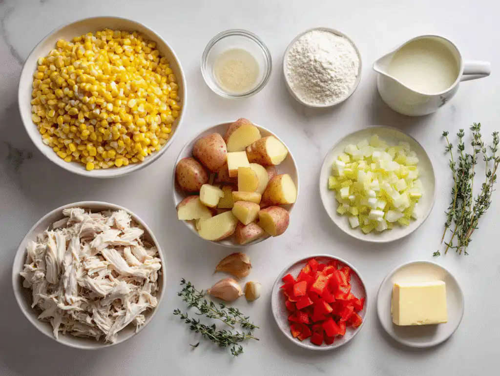 The Best Creamy Chicken Corn Chowder (Easy & Healthy!) 6 Fresh ingredients for Chicken Corn Chowder including corn and red peppers.
