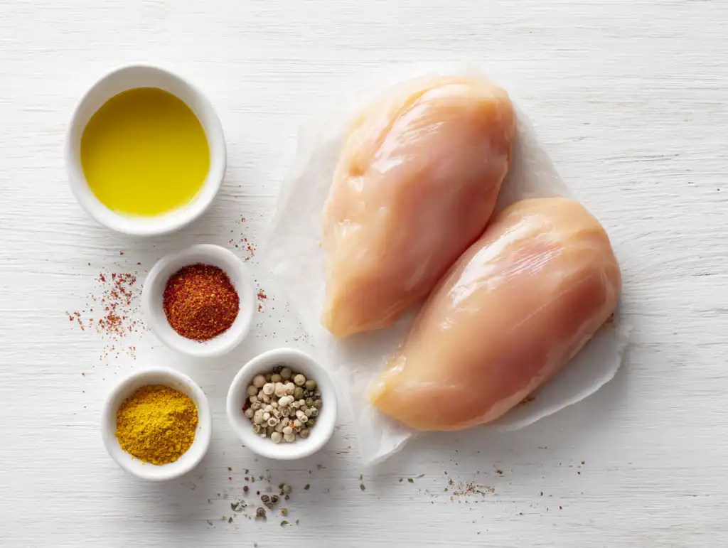 The Juiciest Air Fryer Chicken Breast (Ready in 15 Minutes!) 6 Ingredients for Air Fryer Chicken Breast including spices and oil.
