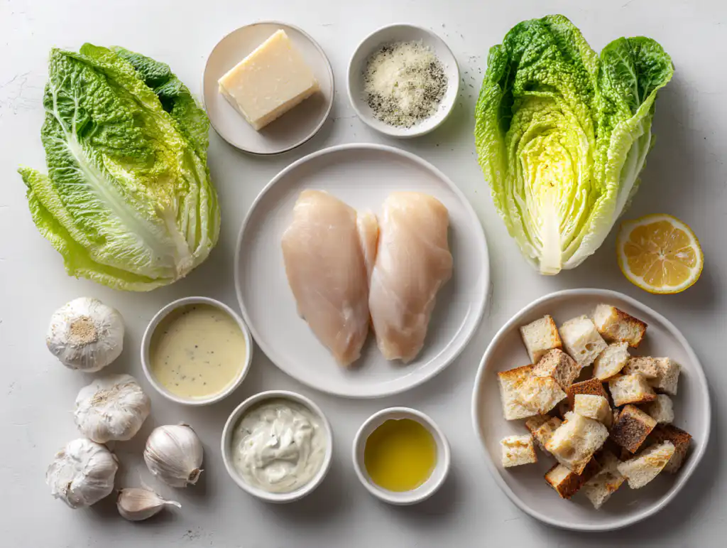 Fresh ingredients for Chicken Caesar salad including Romaine and Parmesan.