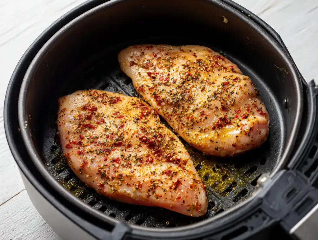 The Juiciest Air Fryer Chicken Breast (Ready in 15 Minutes!) 7 Seasoned raw Air Fryer Chicken Breast ready to cook.