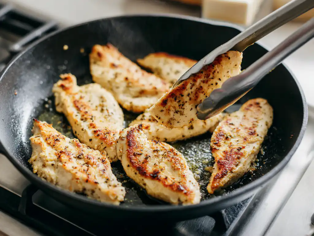 Pan-searing chicken for Chicken Caesar salad.