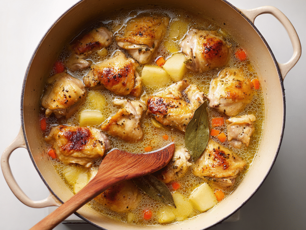 Chicken stew simmering with potatoes and vegetables in a Dutch oven.