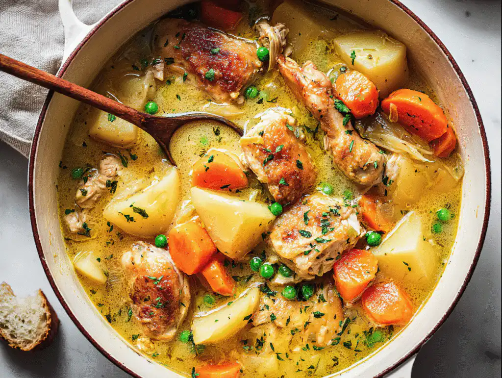 A pot of creamy Classic Chicken Stew with Potatoes and carrots.