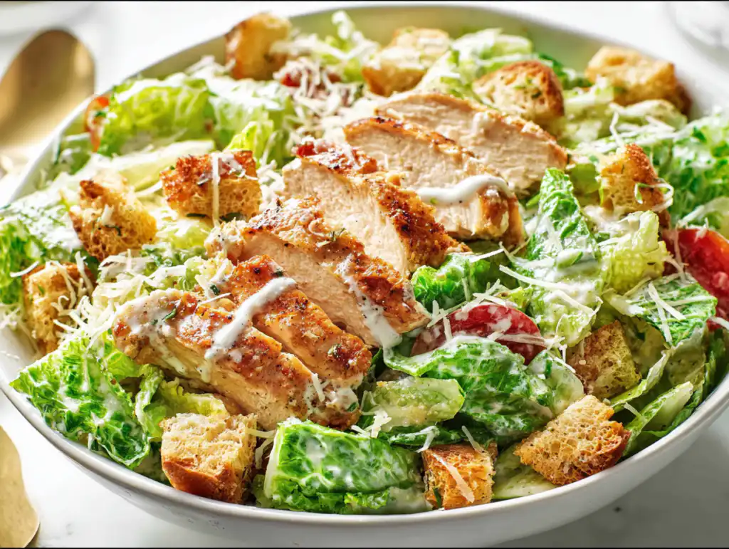 A large bowl of Chicken Caesar salad with croutons and parmesan.