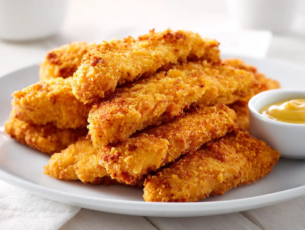 Air Fryer Crispy Chicken Tenders (Easy & Golden!) 4 A close-up view of stacked, golden-brown Air Fryer Crispy Chicken Tenders served on a white ceramic plate with a side of honey mustard sauce in a cozy kitchen.