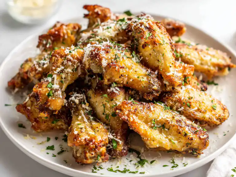 A close-up view of crispy Air Fryer Garlic Parmesan Wings piled on a platter, coated in butter sauce, herbs, and grated cheese.