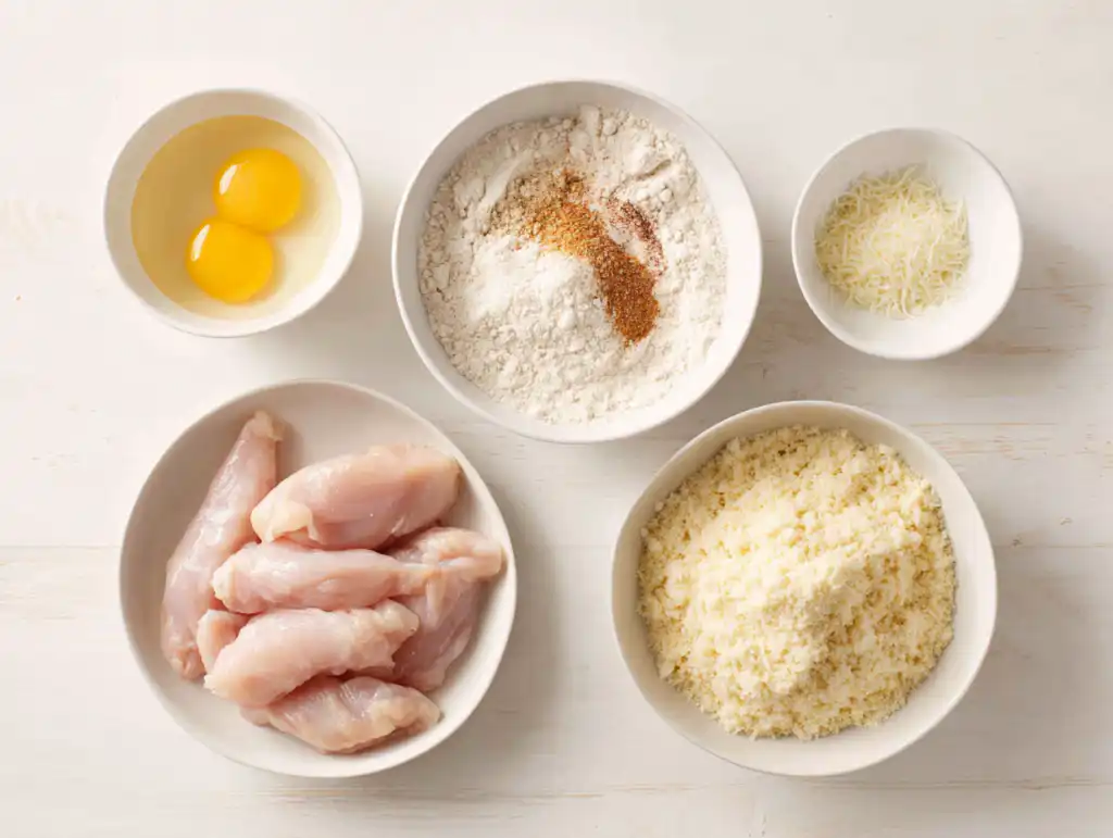 Air Fryer Crispy Chicken Tenders (Easy & Golden!) 5 Ingredients for Air Fryer Crispy Chicken Tenders including chicken tenderloins, panko breadcrumbs, eggs, and flour on a kitchen counter.
