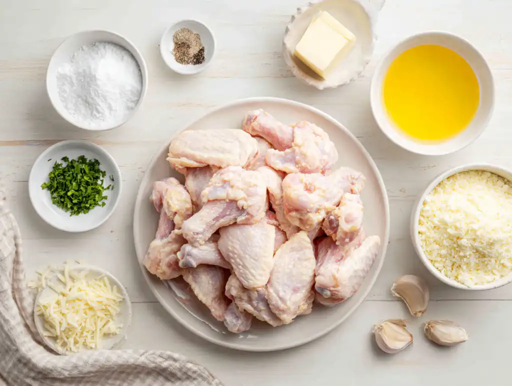 A rustic arrangement of all the fresh ingredients needed to make Air Fryer Garlic Parmesan Wings, including raw wings, melted butter, grated parmesan, garlic, and spices.