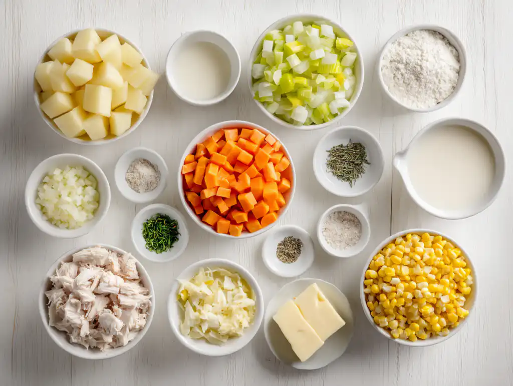 The Creamiest Chicken Potato Chowder (Ready in 30 Minutes!) 5 Fresh ingredients for chicken potato chowder arranged on a clean white surface, including potatoes, chicken, corn, vegetables, milk, broth, and seasonings.