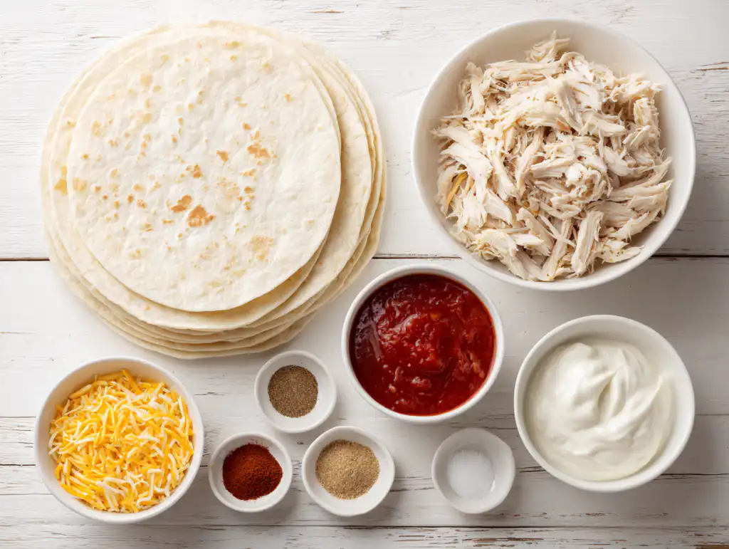 The ingredients for mini chicken quesadillas laid out on a kitchen counter, including flour tortillas, shredded chicken in a bowl, shredded cheese, salsa, sour cream, and spices.