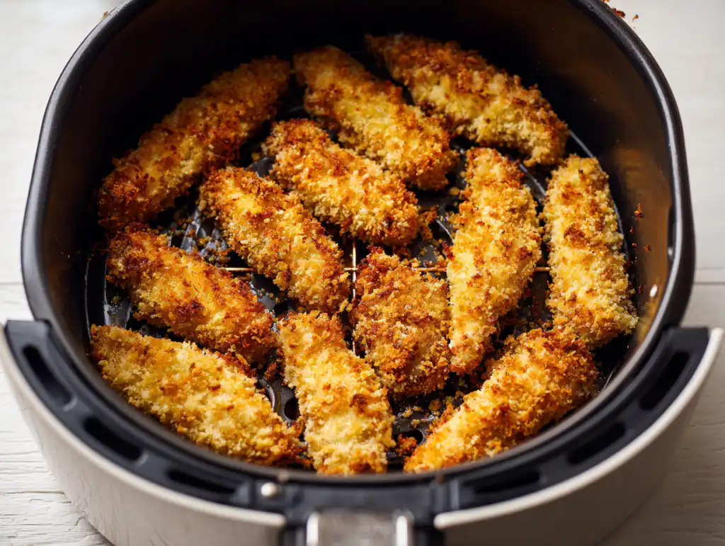 Air Fryer Crispy Chicken Tenders (Easy & Golden!) 6 Golden Air Fryer Crispy Chicken Tenders cooking inside an air fryer basket.