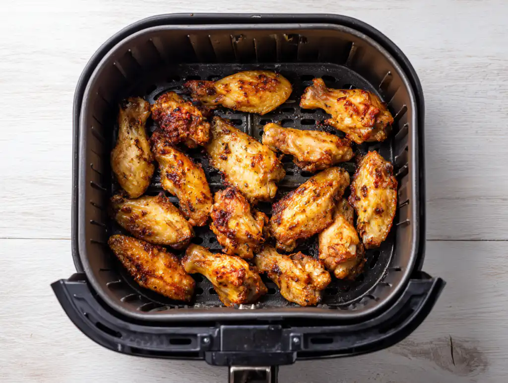 Air fryer basket filled with golden brown, crispy chicken wings just finished cooking