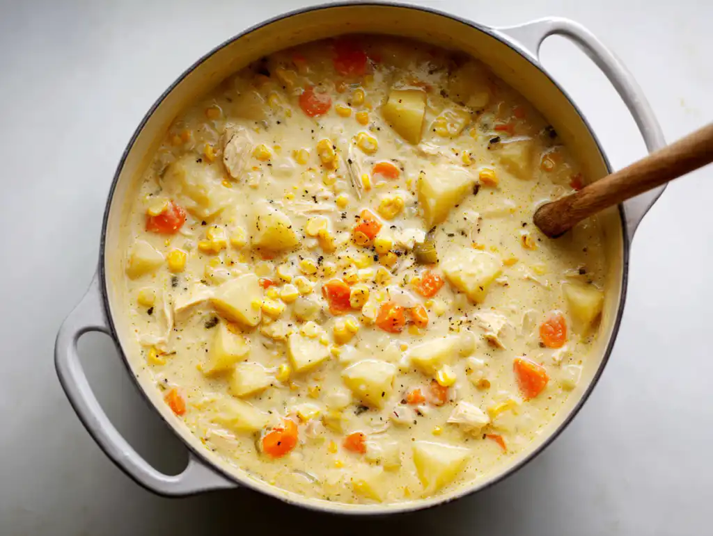 The Creamiest Chicken Potato Chowder (Ready in 30 Minutes!) 6 Creamy chicken potato chowder cooking in a large pot, with visible chunks of potatoes, chicken, carrots, and corn.