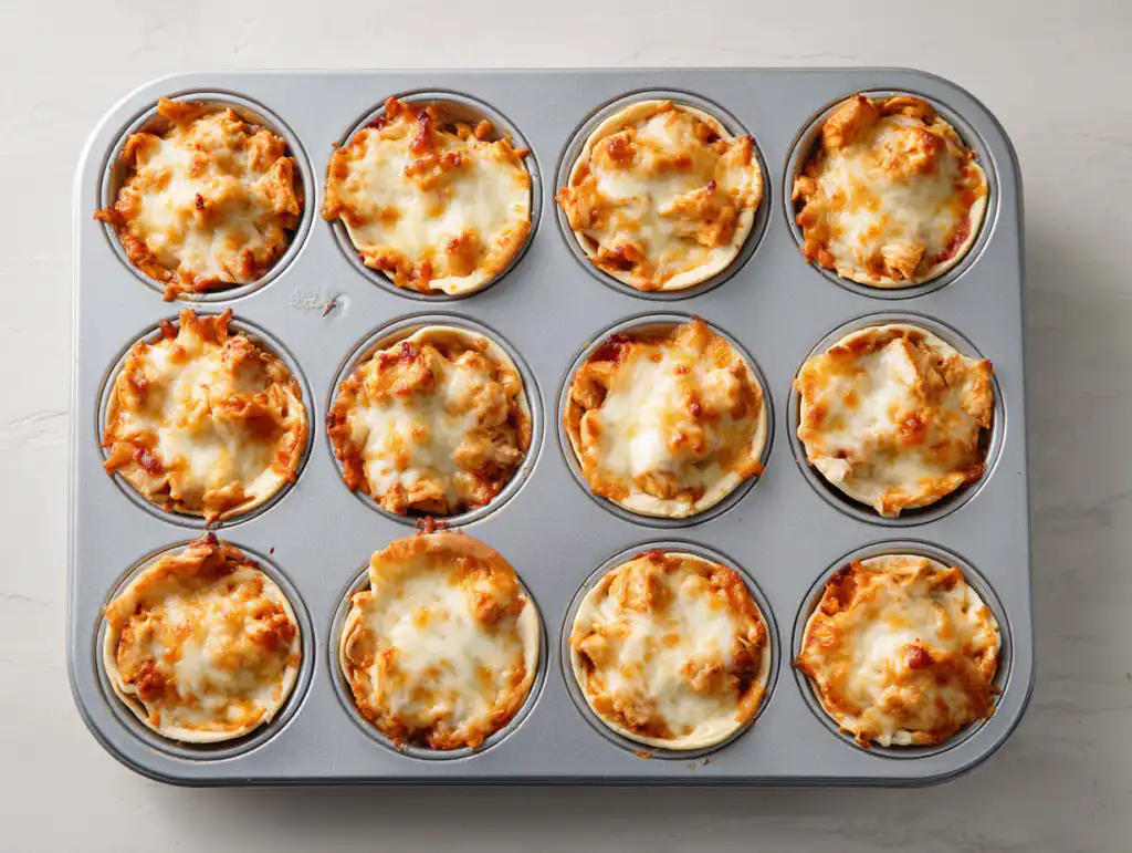 A muffin tin fresh out of the oven filled with baked mini chicken quesadillas, showing golden crispy edges and melted cheese.