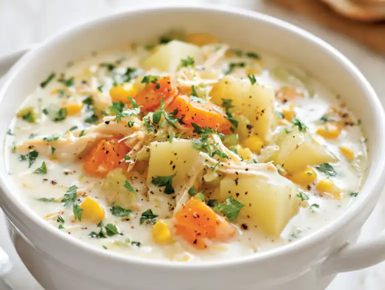 The Creamiest Chicken Potato Chowder (Ready in 30 Minutes!) 7 A close-up view of a bowl of creamy chicken potato chowder filled with corn, carrots, and potatoes.