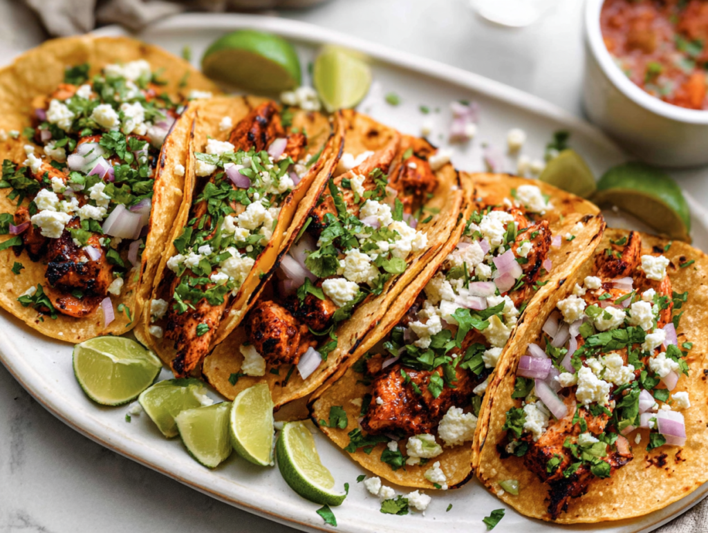 Authentic Mexican Street Tacos on a white platter with marinated chicken, white onion, fresh cilantro, crumbled cotija cheese, and lime wedges.