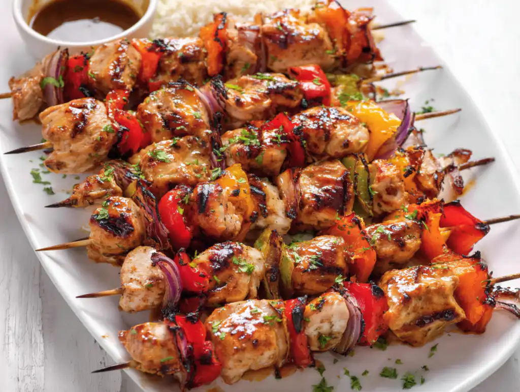 A top-down view of a platter with perfectly grilled chicken kabobs, red and yellow bell peppers, zucchini, and red onions.