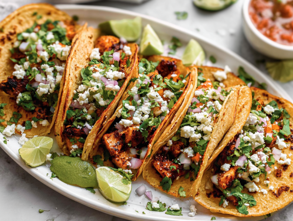 A white dinner plate with three Mexican Street Tacos, doubled corn tortillas filled with marinated chicken, white onion, cilantro, and cotija cheese, served with Mexican rice and refried beans.
