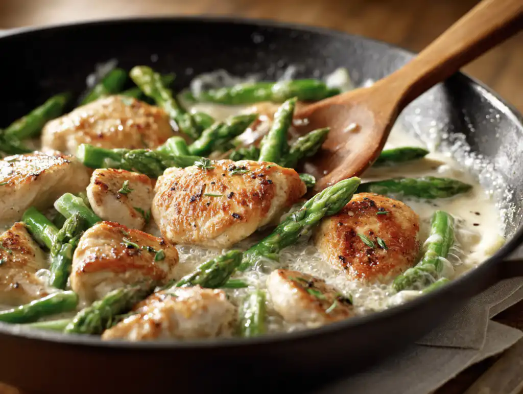 Creamy Lemon Chicken With Asparagus 6 Searing chicken and sautéing asparagus in a creamy lemon sauce for a one-pan meal.