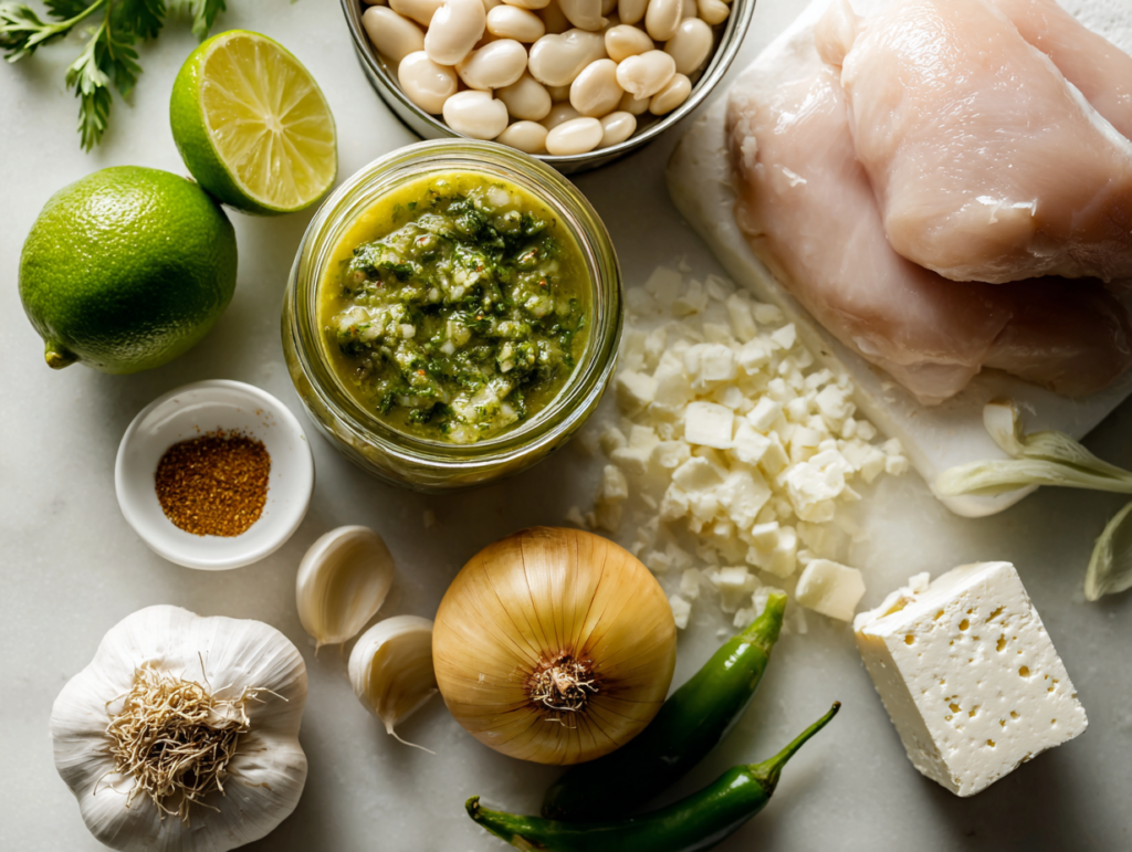 Ingredients for salsa verde chicken soup laid out on a white surface including salsa verde, chicken, beans, and spices.