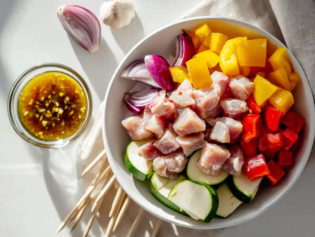 Raw chicken kabob ingredients arranged on a white table, including cubed chicken, bell peppers, red onion, zucchini, skewers, and a bowl of honey soy marinade.