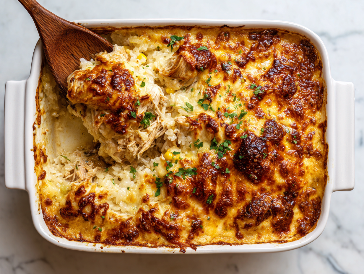 salsa verde chicken and rice bake in a white ceramic dish with golden melted cheese, top-down view