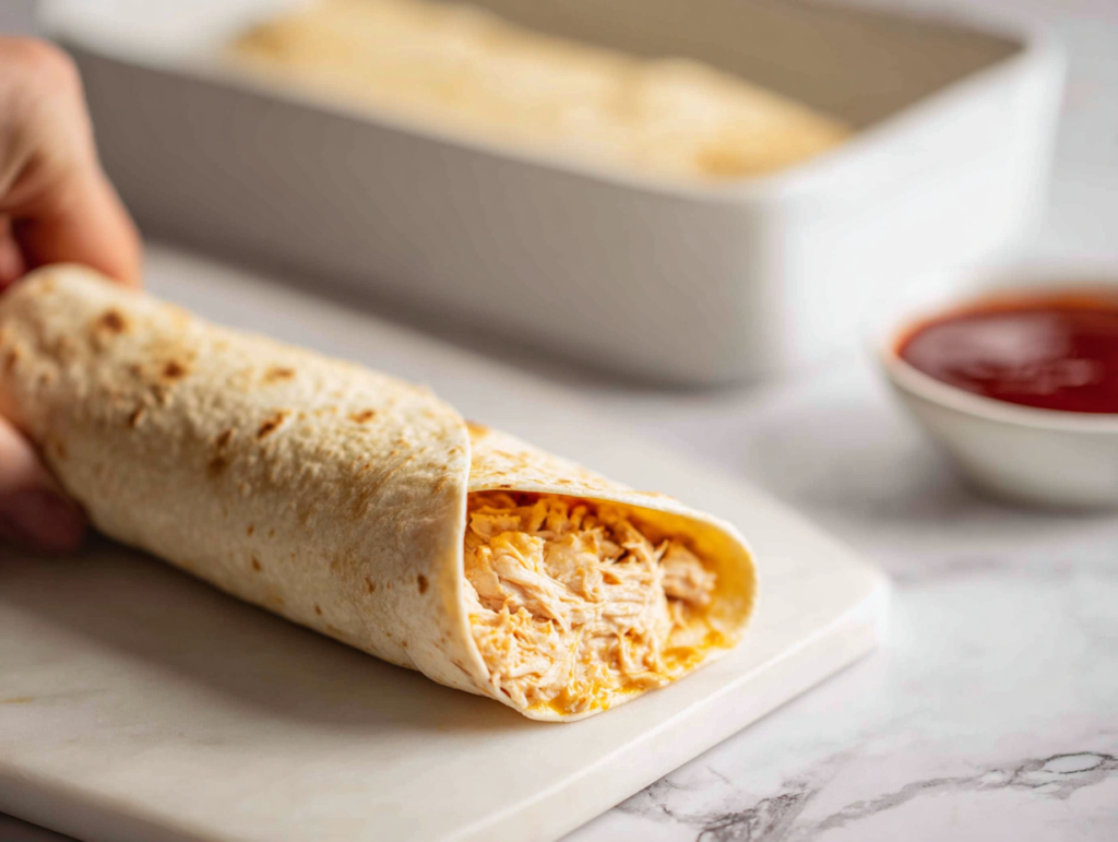 Close-up food photography of a single corn tortilla being rolled around a creamy shredded chicken filling on a clean white marble kitchen counter. The filling is visible inside the tortilla, pale golden and slightly chunky. A white ceramic rectangular baking dish sits softly blurred in the background, already containing two rolled enchiladas seam-side down. A small white bowl of deep brick-red enchilada sauce sits to the right, slightly out of focus. No hands visible. No text. No utensils. Warm neutral natural light from the left. Shallow depth of field, sharp focus on the rolled tortilla and filling texture. Realistic homemade food photography. Slightly rustic. Editorial style. Clean and appetizing.
