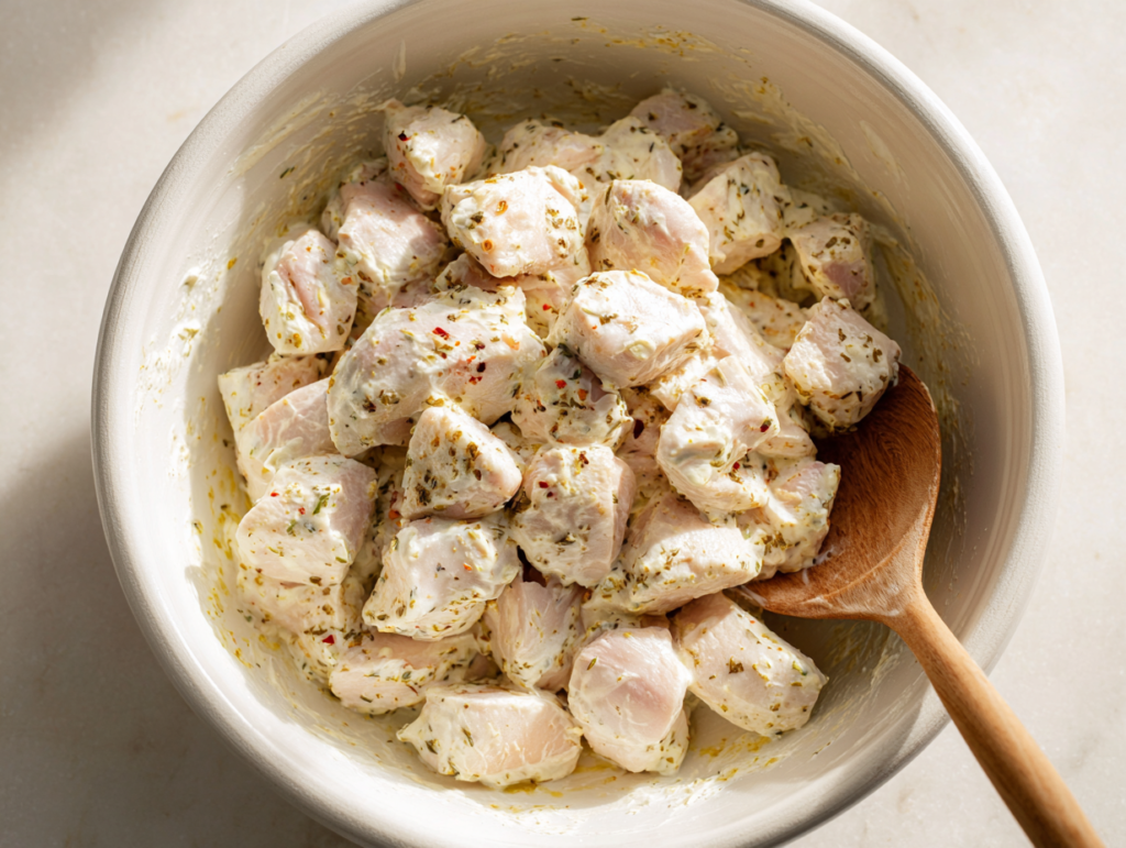Chicken Kabobs in the Oven: 5 Secrets for Juicy Results 9 Raw chicken cubes coated in yogurt marinade in a white bowl, the first step for making juicy chicken kabobs in the oven