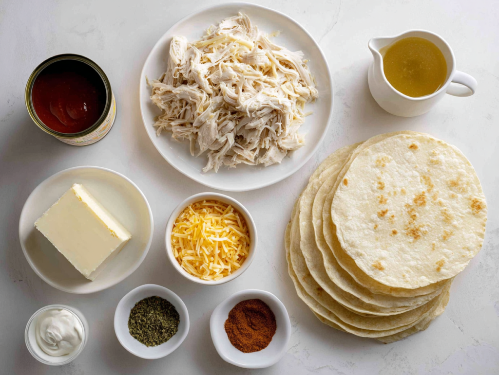 Key ingredients for Chicken Enchiladas with Red Sauce laid out on a white kitchen counter, including shredded chicken, cream cheese, corn tortillas, tomato paste, chicken broth, shredded cheese, and spices.