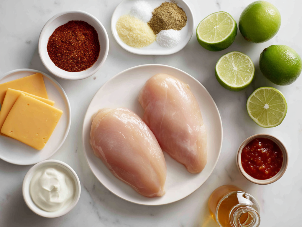 Key ingredients for Fiesta Lime Chicken laid out on a white kitchen counter, including chicken breasts, fresh limes, spices, ranch dressing, salsa, sour cream, and Colby Jack cheese.