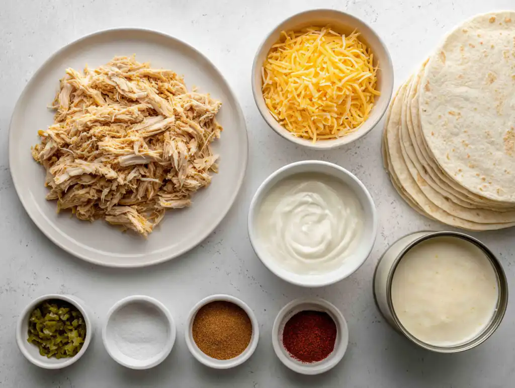 The Best Joanna Gaines Chicken Enchiladas 5 Key ingredients for Joanna Gaines Chicken Enchiladas laid out on a white kitchen counter, including shredded chicken, flour tortillas, sour cream, and cheese