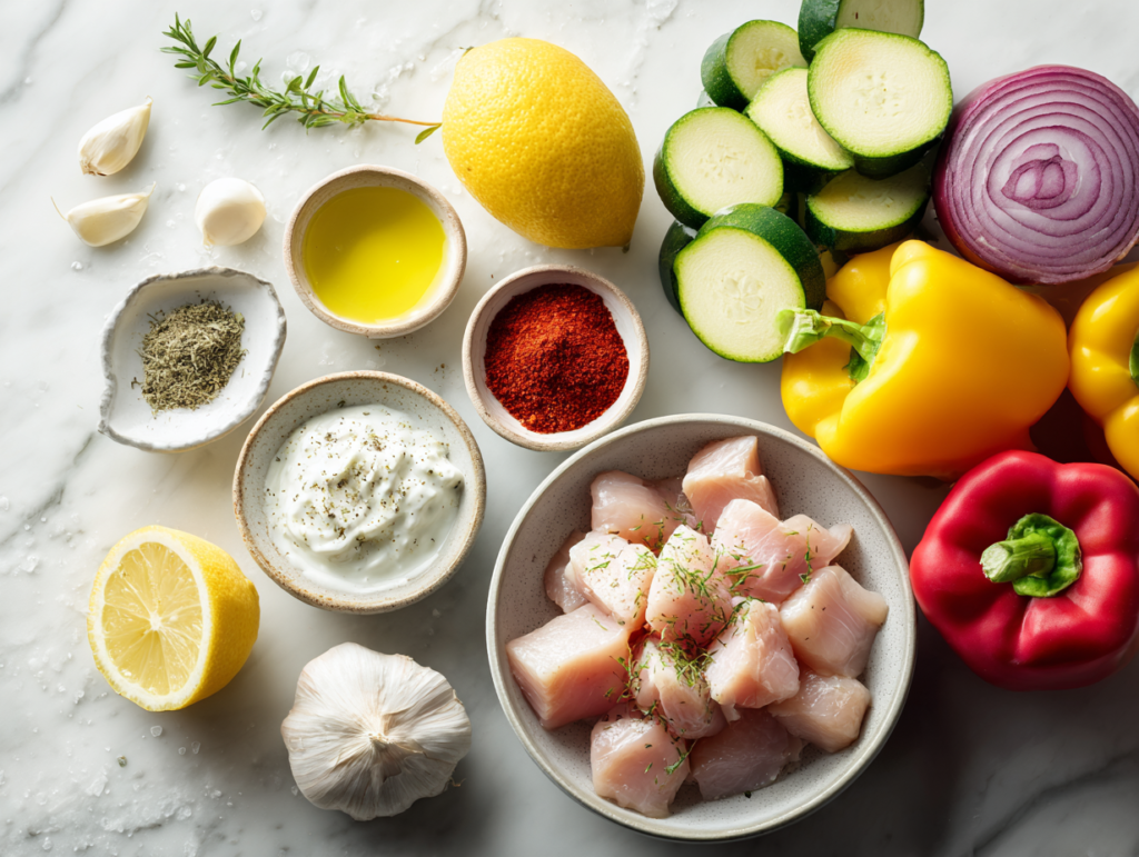 Chicken Kabobs in the Oven: 5 Secrets for Juicy Results 8 Ingredients for chicken kabobs in the oven laid out on a white marble surface, including chicken breast, Greek yogurt, lemon, garlic, and colorful bell peppers.