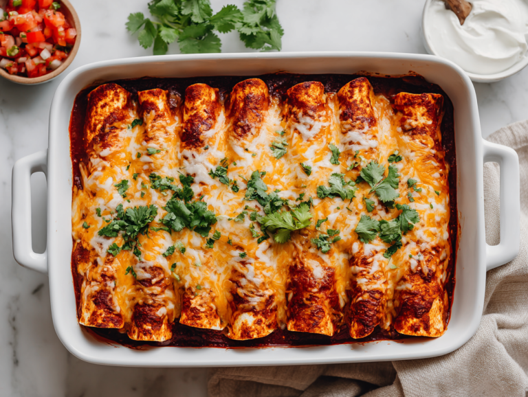 Chicken Enchiladas with Red Sauce in a white ceramic baking dish, covered in homemade red enchilada sauce and golden bubbling cheese, garnished with fresh cilantro and sour cream