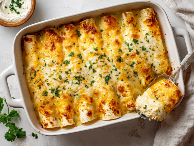The Best Joanna Gaines Chicken Enchiladas 7 Joanna Gaines Chicken Enchiladas in a white ceramic baking dish, golden bubbly cheese on top with creamy chicken filling visible inside.