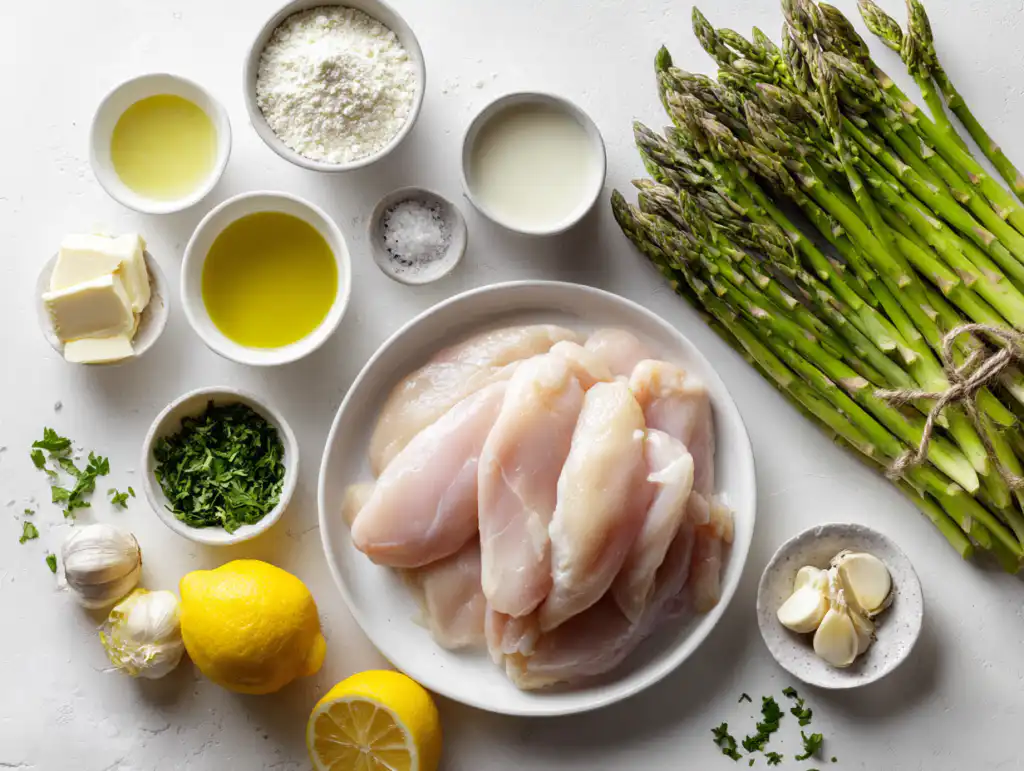 Creamy Lemon Chicken With Asparagus 5 Fresh ingredients for creamy lemon chicken with asparagus arranged on a clean white surface, including chicken, asparagus, lemons, cream, and garlic.