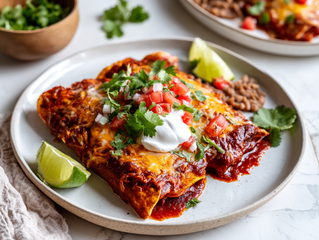 A white dinner plate with two Chicken Enchiladas with Red Sauce, topped with sour cream, fresh cilantro, and diced tomatoes, served with Mexican rice and refried beans.