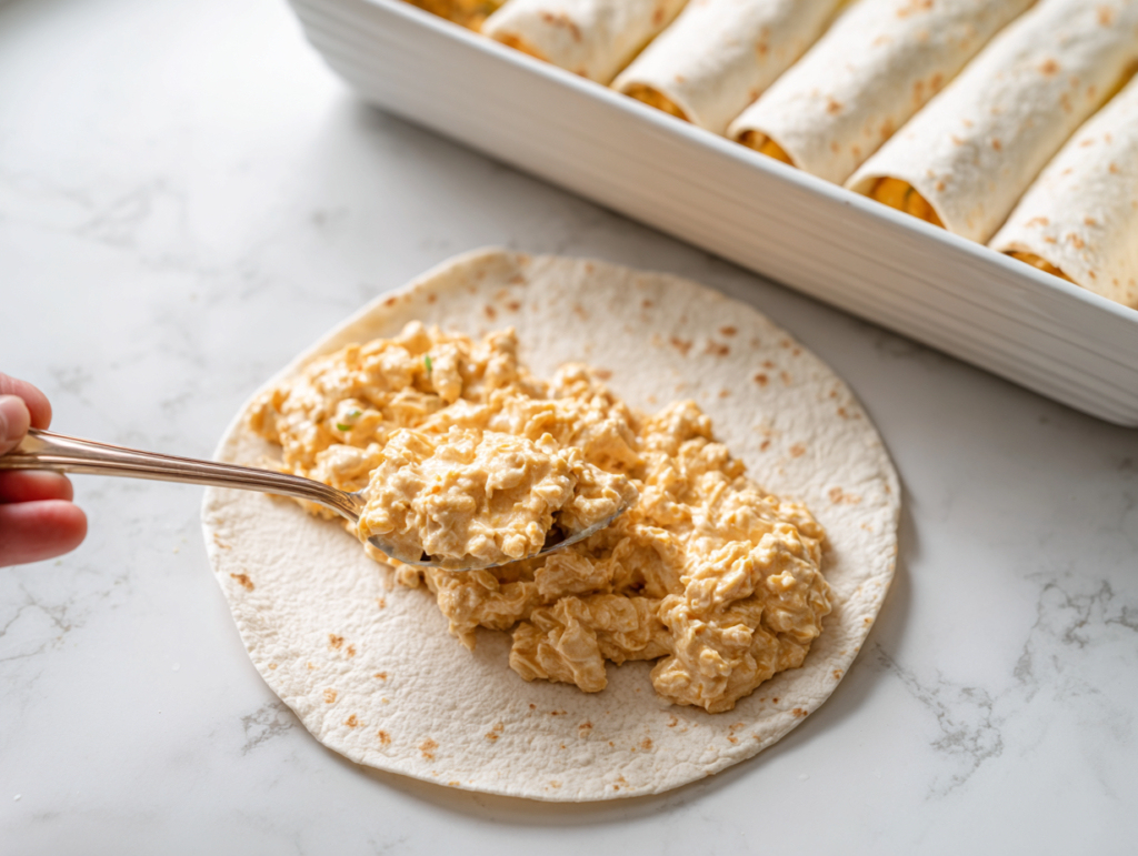 Spooning creamy green chicken filling onto a corn tortilla to make Green Chicken Enchiladas, with a baking dish of rolled enchiladas in the background.