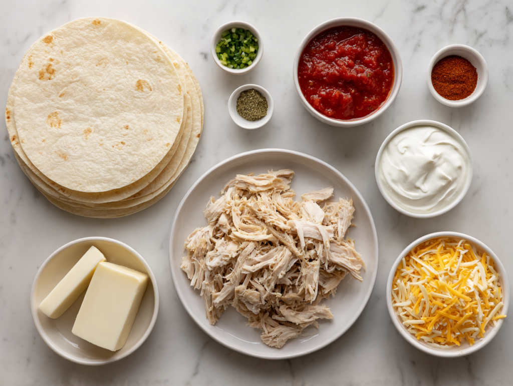 Key ingredients for Crispy Chicken Flautas laid out on a white kitchen counter, including shredded chicken, flour tortillas, sour cream, salsa, green chilies, cream cheese, shredded cheeses, and spices.