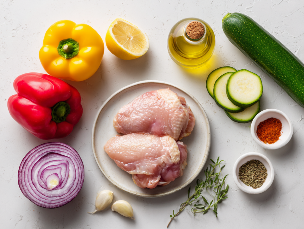 Key ingredients for Air Fryer Chicken Kabobs on a white kitchen counter, including chicken thighs, bell peppers, zucchini, red onion, olive oil, lemon, garlic, spices, and wooden skewers.