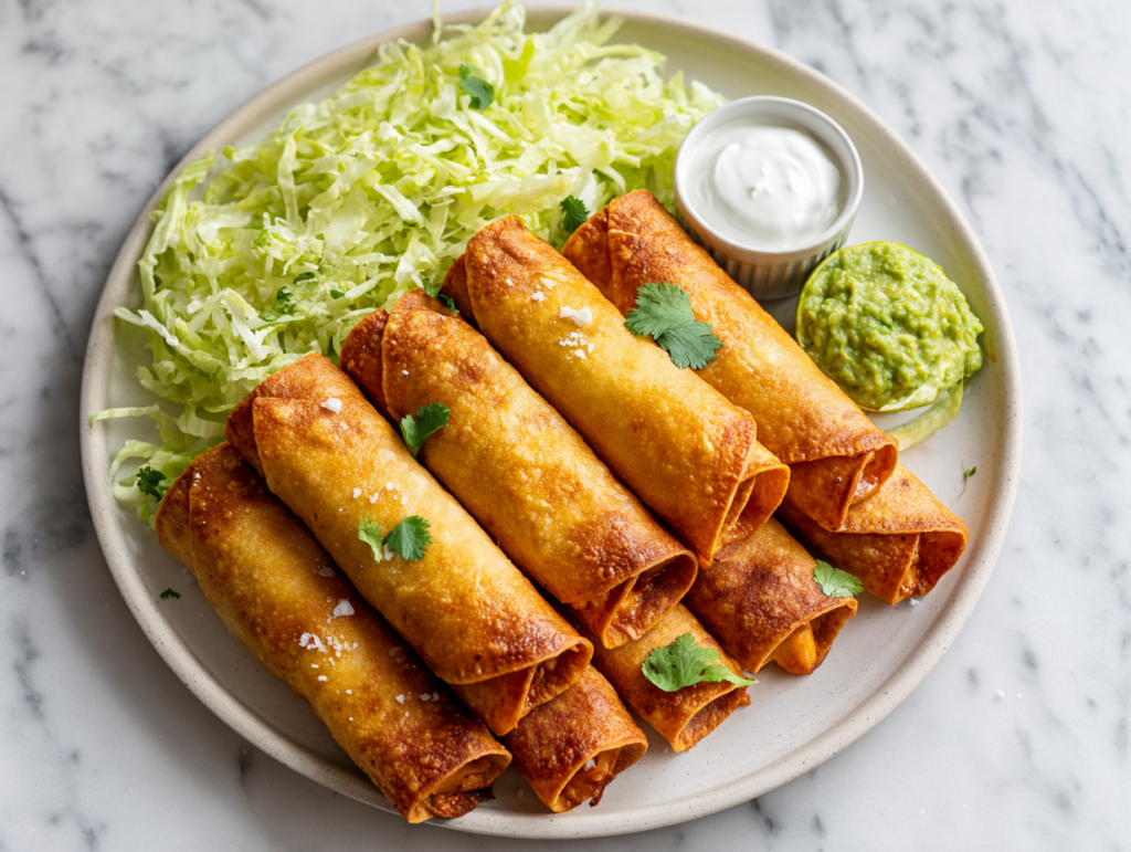 Crispy Chicken Flautas on a white plate, golden and shatteringly crispy, with shredded lettuce, guacamole, sour cream drizzle, and a lime wedge.