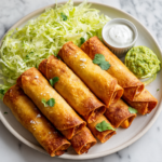 Crispy Chicken Flautas on a white plate, golden and shatteringly crispy, with shredded lettuce, guacamole, sour cream drizzle, and a lime wedge.