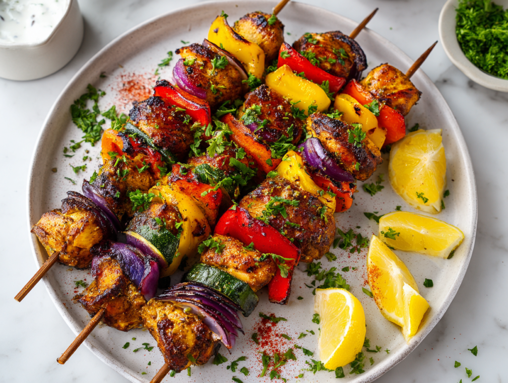 Air Fryer Chicken Kabobs on a white plate with golden charred chicken, colorful bell peppers, zucchini, and red onion on wooden skewers, garnished with fresh parsley and lemon wedges.