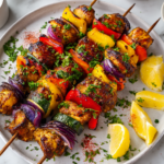 Air Fryer Chicken Kabobs on a white plate with golden charred chicken, colorful bell peppers, zucchini, and red onion on wooden skewers, garnished with fresh parsley and lemon wedges.