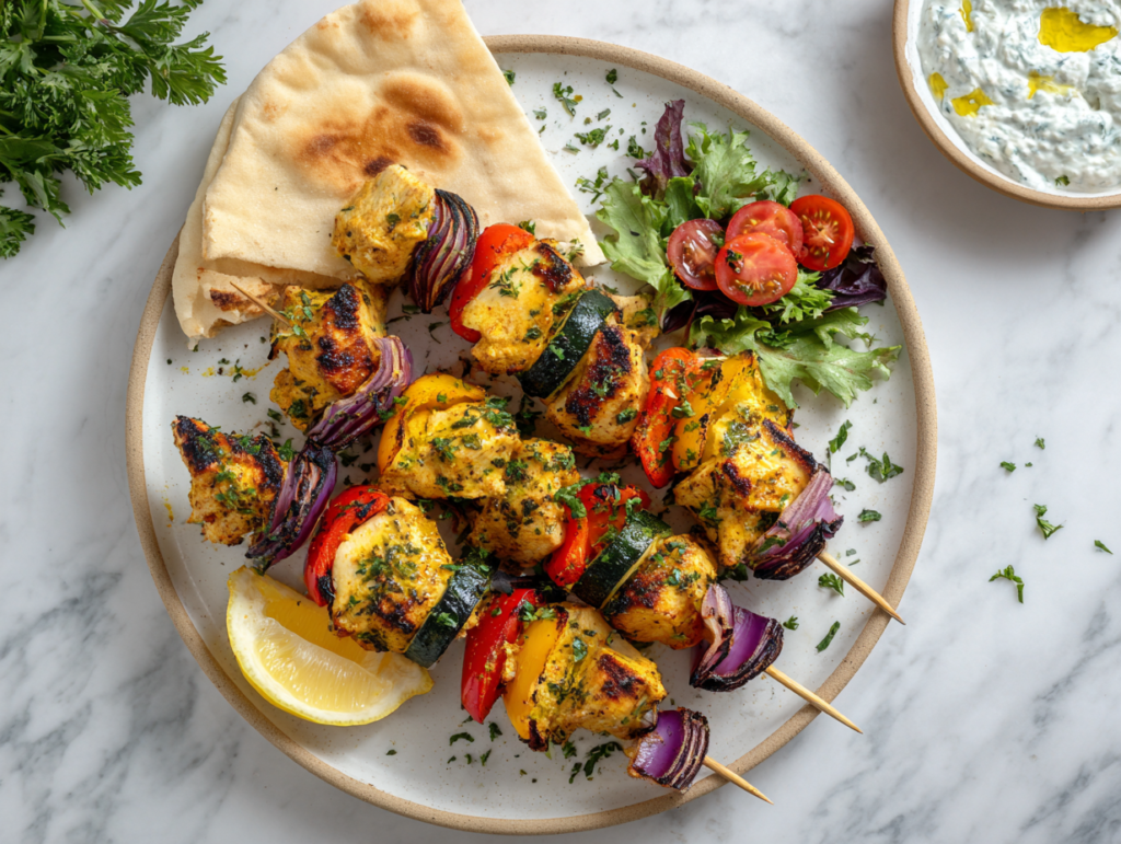 A white dinner plate with three Air Fryer Chicken Kabobs, golden charred chicken with bell peppers, zucchini and red onion, served with warm pita bread, tzatziki sauce, and a simple green salad.