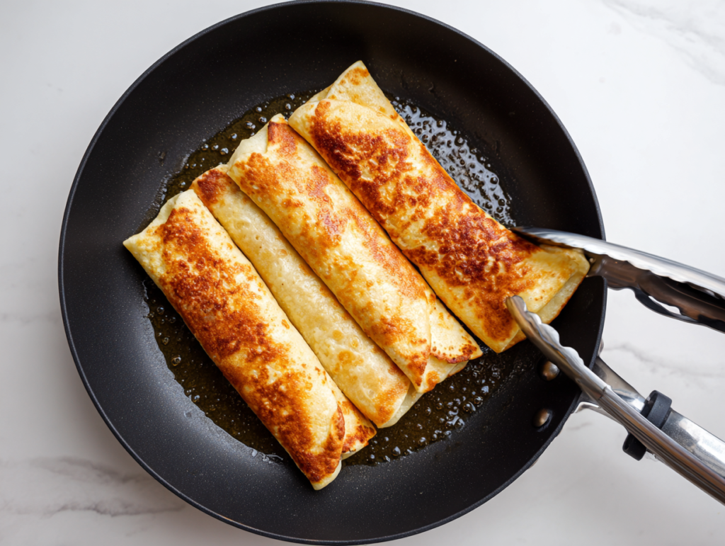 Crispy chicken flautas being pan-fried in a skillet, golden and crispy, with tongs turning one over