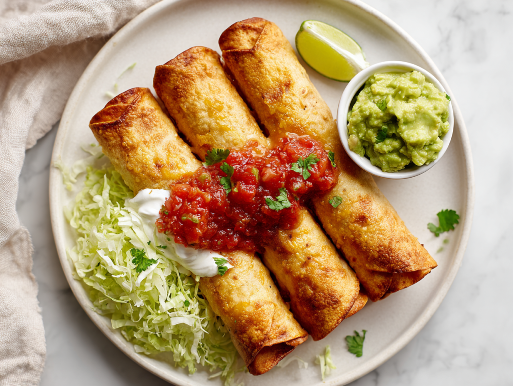 A white dinner plate with four Crispy Chicken Flautas, golden and crispy, served with shredded lettuce, guacamole, sour cream, fresh salsa, and a lime wedge.