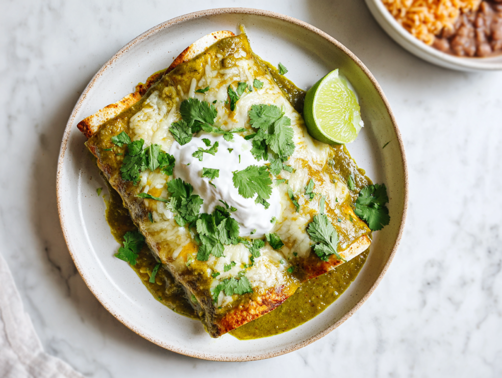 A white dinner plate with two Green Chicken Enchiladas covered in tangy green enchilada sauce, topped with sour cream and fresh cilantro, served with Mexican rice and refried beans.