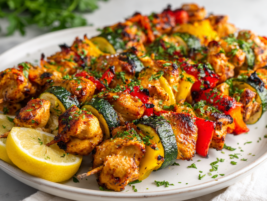 Chicken Kabobs in the Oven: 5 Secrets for Juicy Results 12 Easy chicken kabobs in the oven served on a white plate with fresh parsley and lemon, golden and juicy with colorful roasted vegetables.