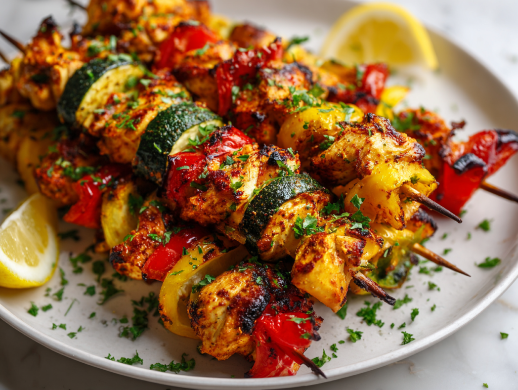 Easy chicken kabobs in the oven served on a white plate with fresh parsley and lemon, golden and juicy with colorful roasted vegetables.